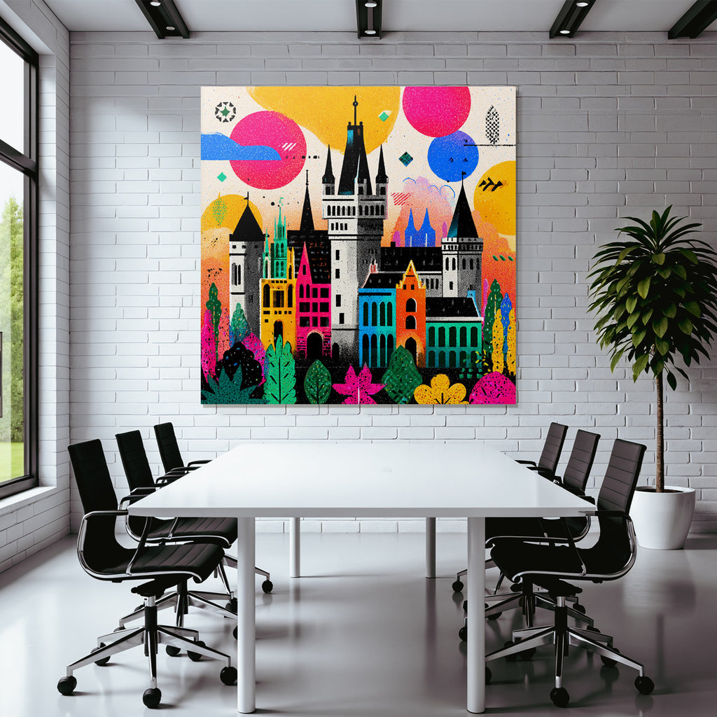 PopArt Farbenfrohes Schloss Mit Vibranten Landschaften Und Fantasieelementen