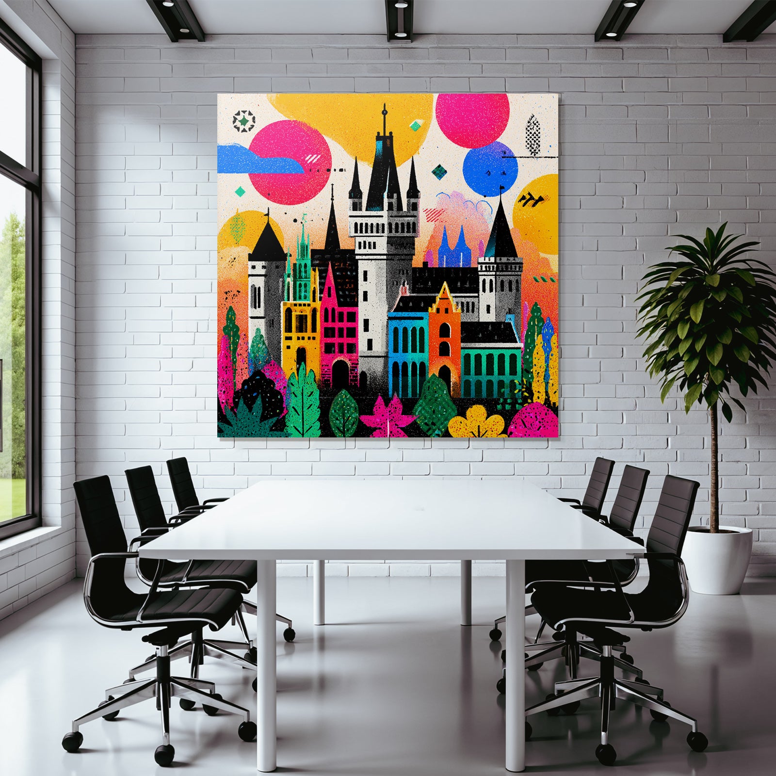 PopArt Farbenfrohes Schloss Mit Vibranten Landschaften Und Fantasieelementen