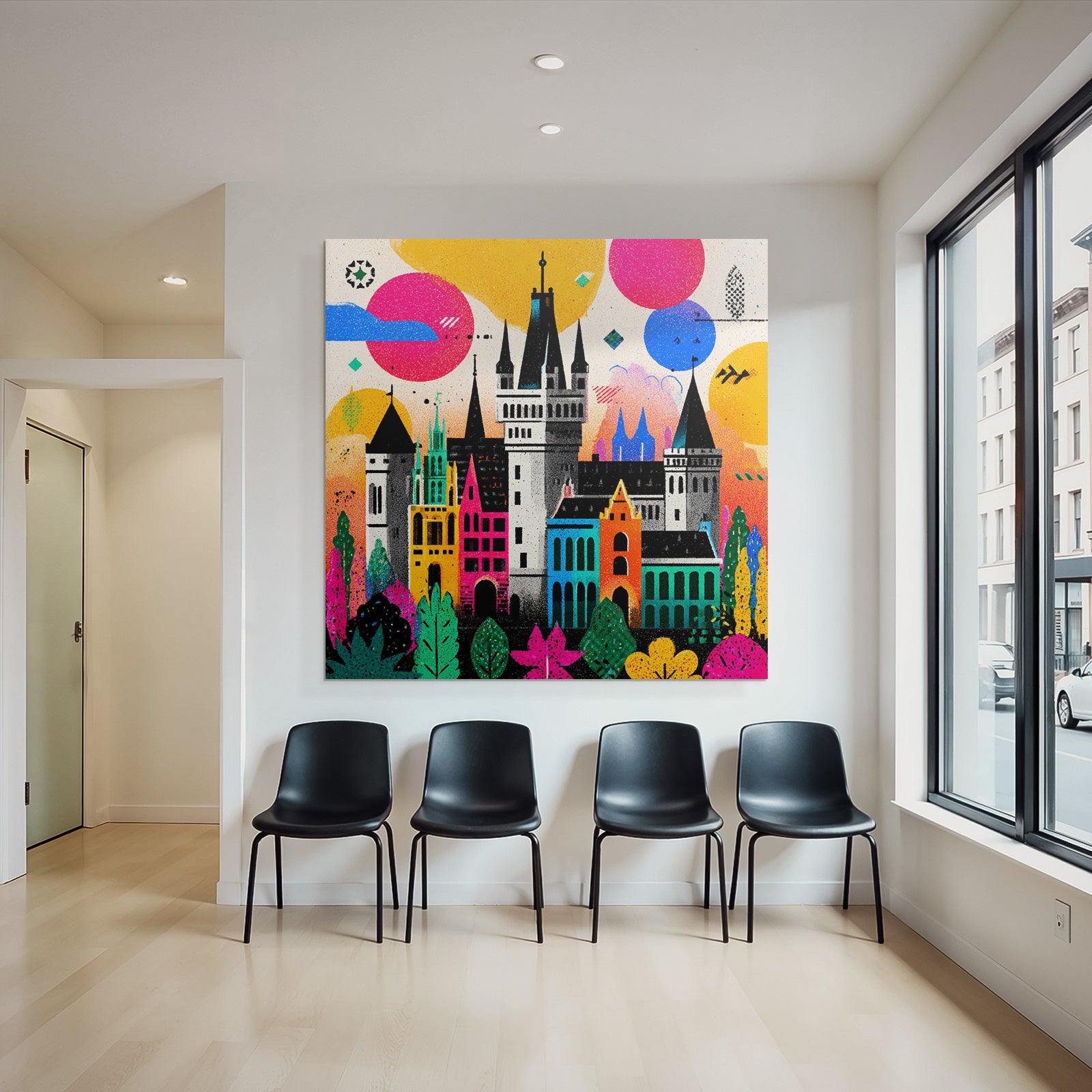 PopArt Farbenfrohes Schloss Mit Vibranten Landschaften Und Fantasieelementen