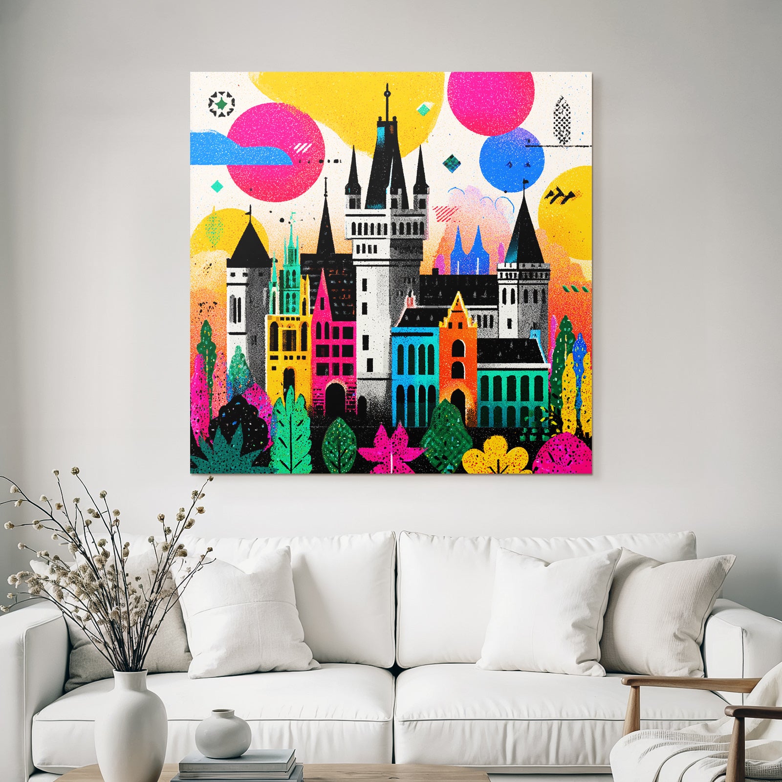 PopArt Farbenfrohes Schloss Mit Vibranten Landschaften Und Fantasieelementen