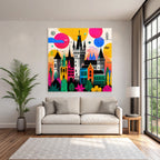 PopArt Farbenfrohes Schloss Mit Vibranten Landschaften Und Fantasieelementen