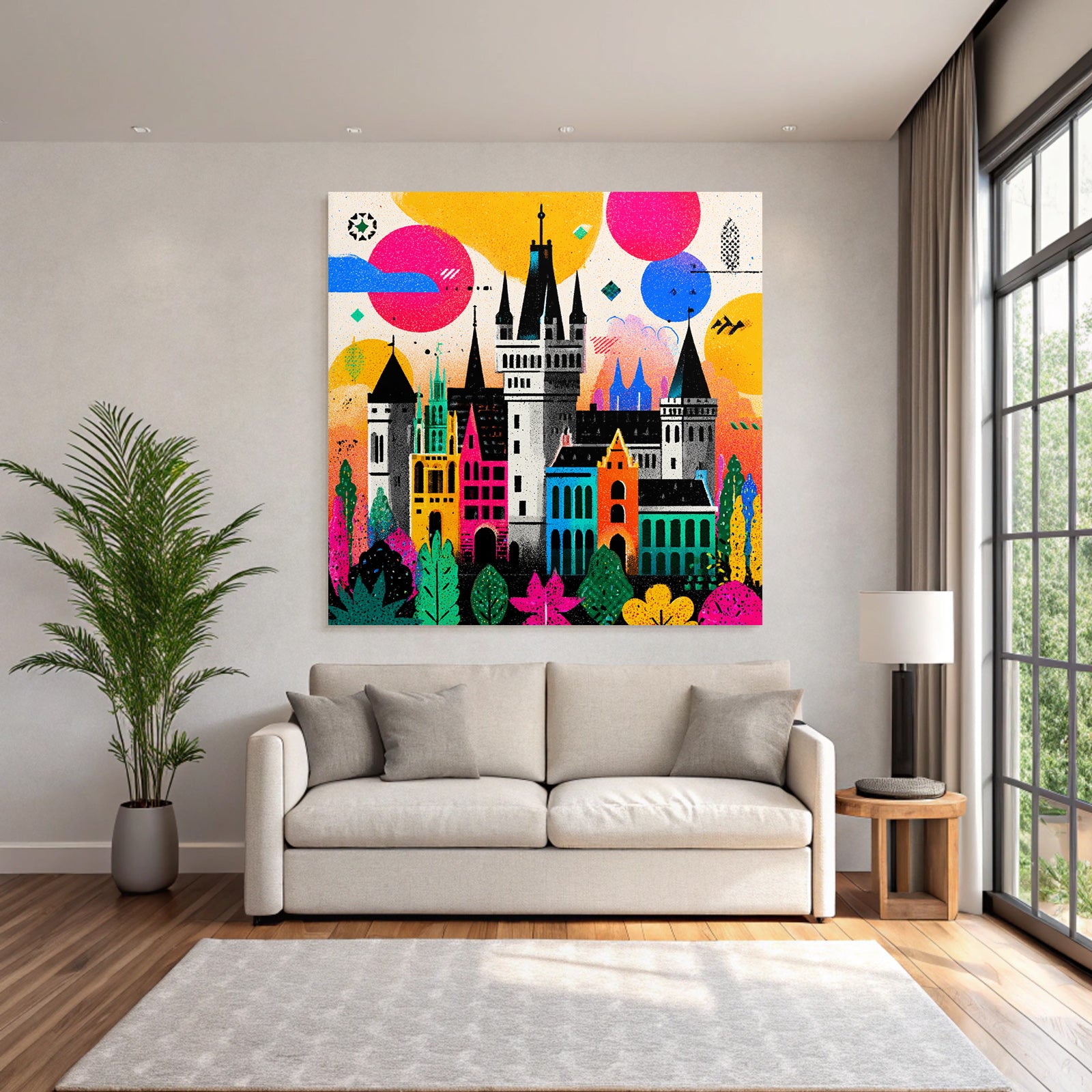 PopArt Farbenfrohes Schloss Mit Vibranten Landschaften Und Fantasieelementen