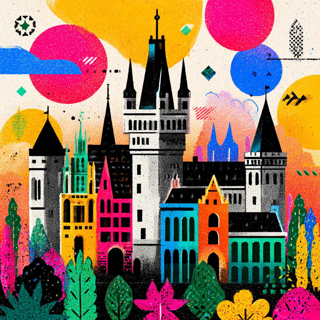 PopArt Farbenfrohes Schloss Mit Vibranten Landschaften Und Fantasieelementen | Pop Art | Stilrichtungen