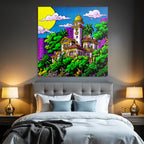 PopArt Farbenfrohes Stilisiertes Haus Mit Palmen Und Stadtlandschaft