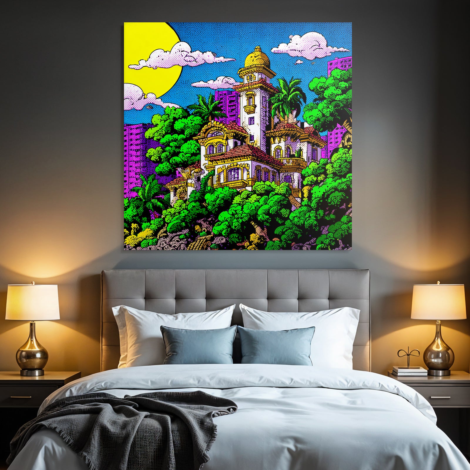 PopArt Farbenfrohes Stilisiertes Haus Mit Palmen Und Stadtlandschaft