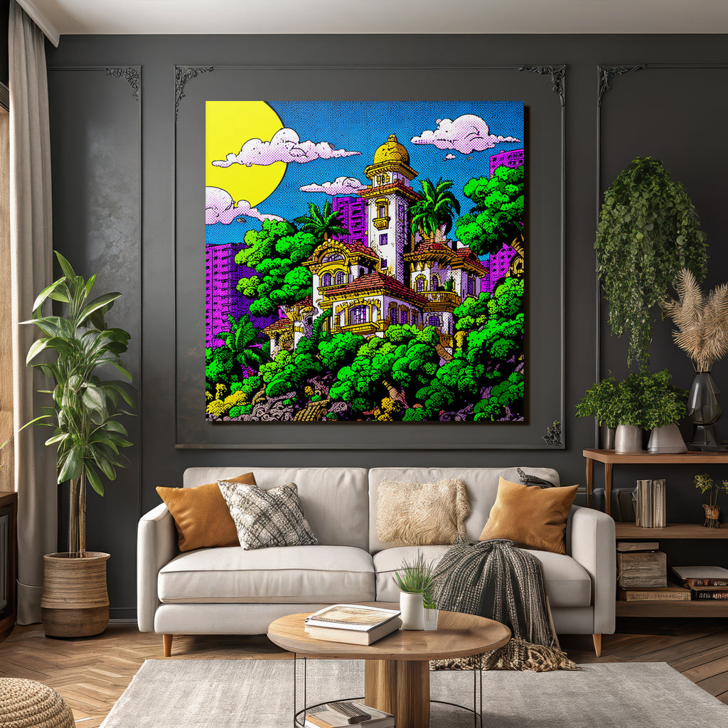 PopArt Farbenfrohes Stilisiertes Haus Mit Palmen Und Stadtlandschaft