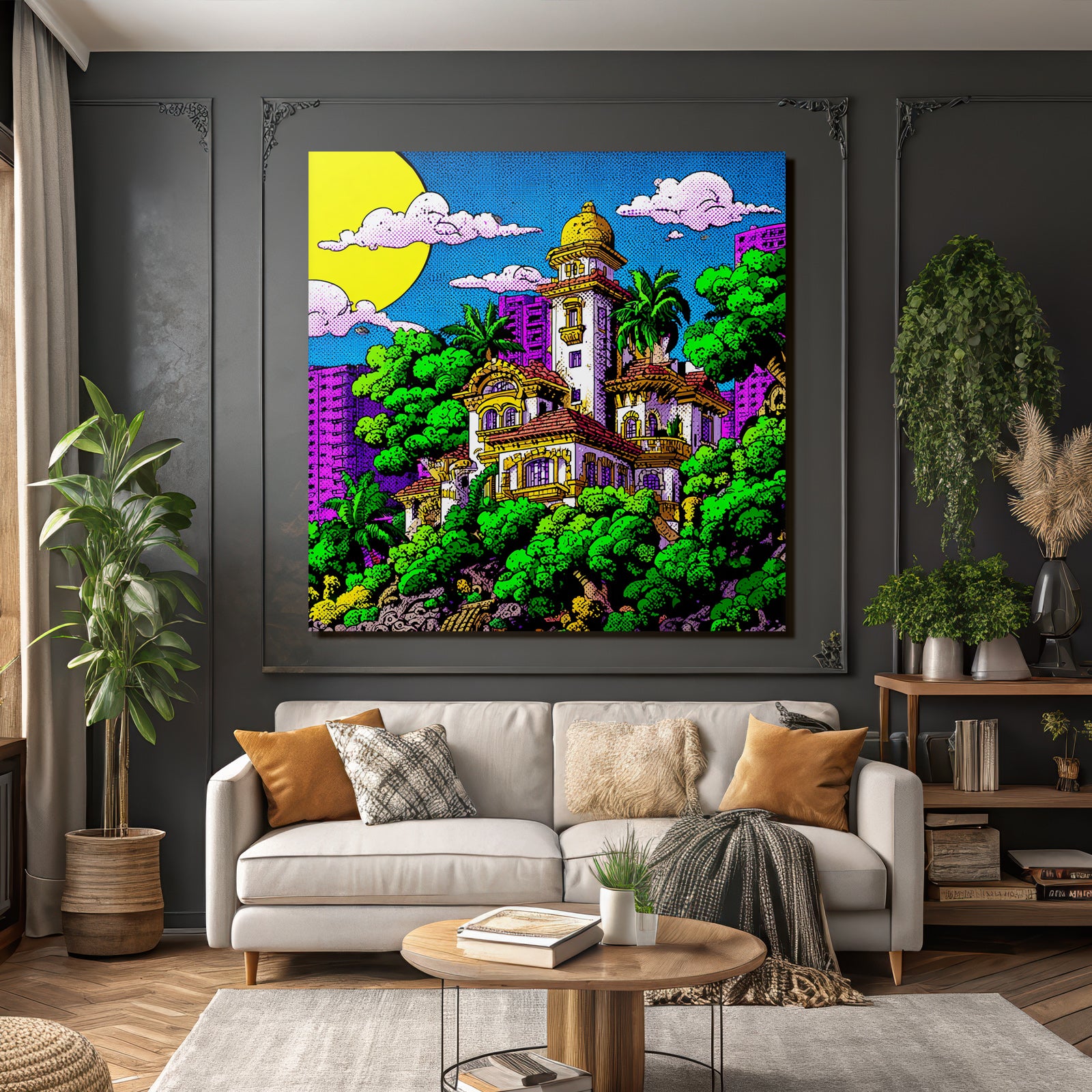 PopArt Farbenfrohes Stilisiertes Haus Mit Palmen Und Stadtlandschaft