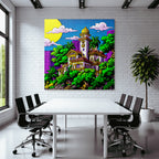 PopArt Farbenfrohes Stilisiertes Haus Mit Palmen Und Stadtlandschaft