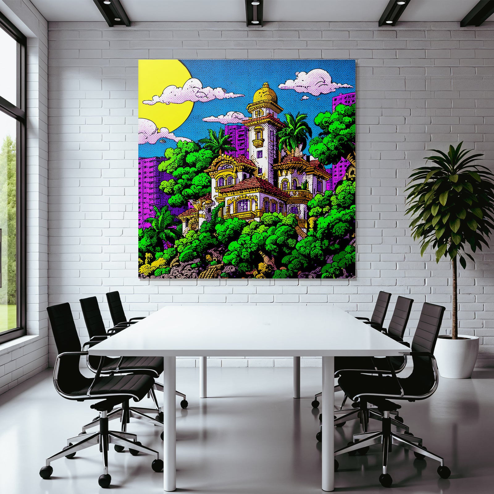 PopArt Farbenfrohes Stilisiertes Haus Mit Palmen Und Stadtlandschaft