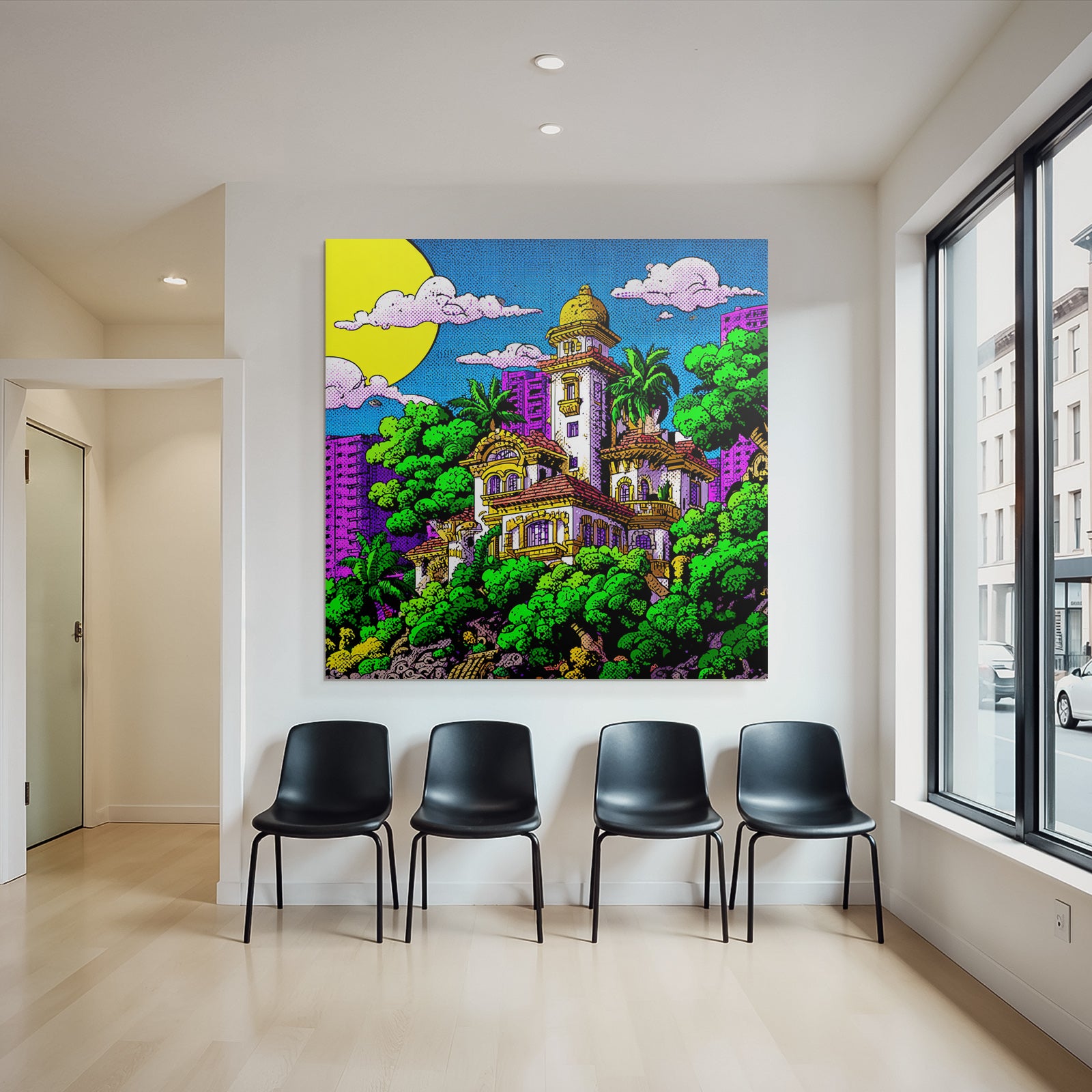 PopArt Farbenfrohes Stilisiertes Haus Mit Palmen Und Stadtlandschaft
