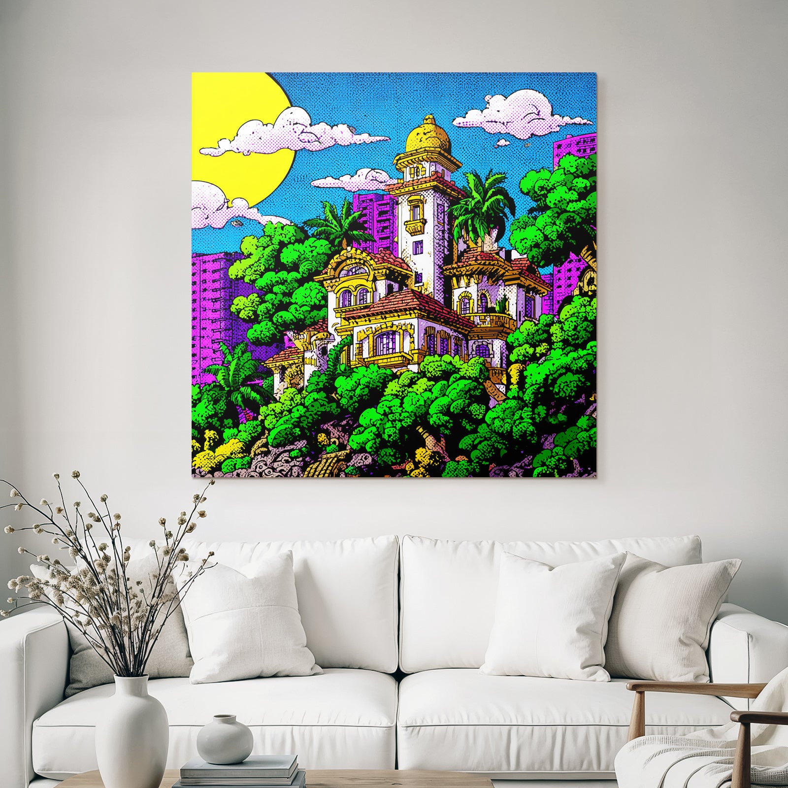 PopArt Farbenfrohes Stilisiertes Haus Mit Palmen Und Stadtlandschaft
