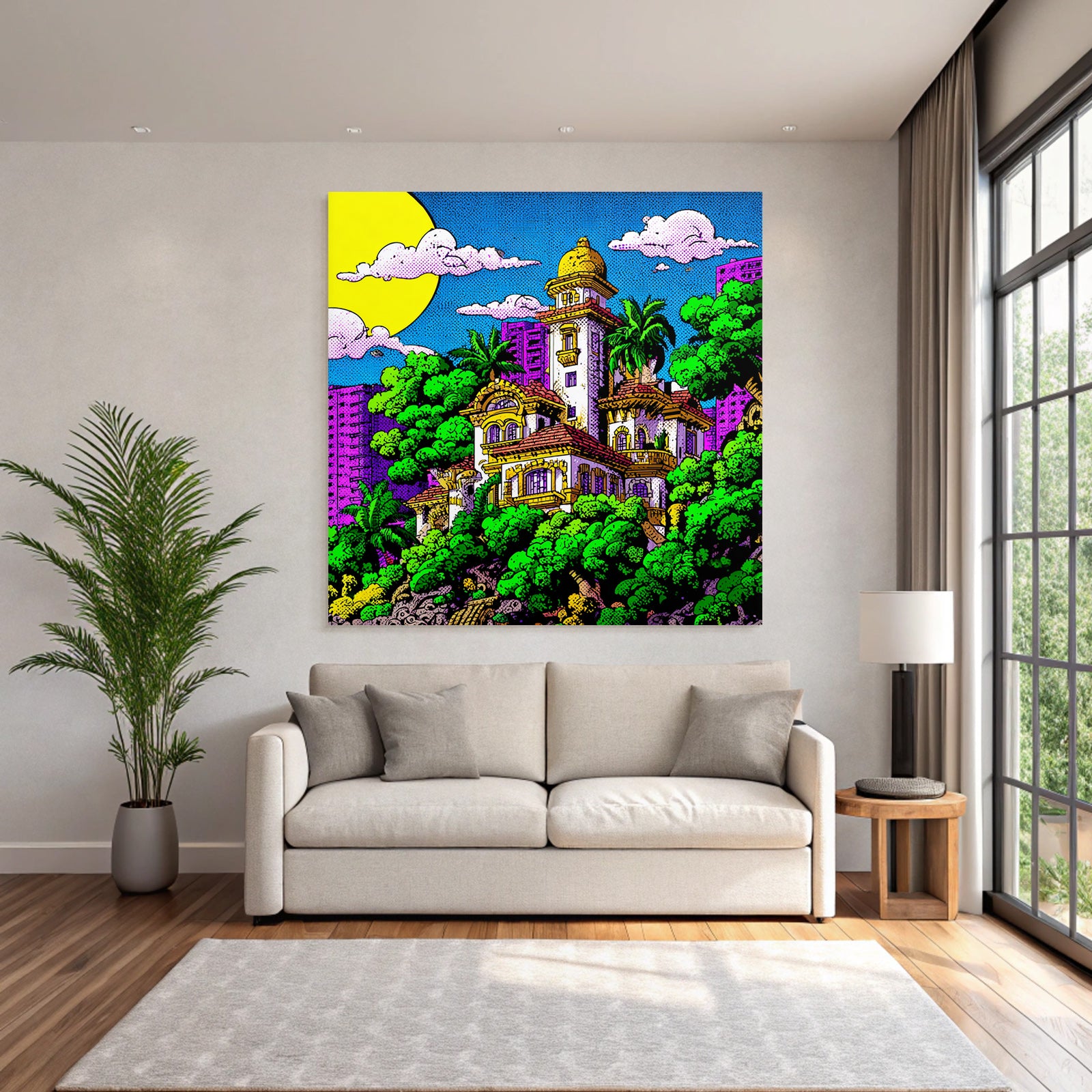 PopArt Farbenfrohes Stilisiertes Haus Mit Palmen Und Stadtlandschaft