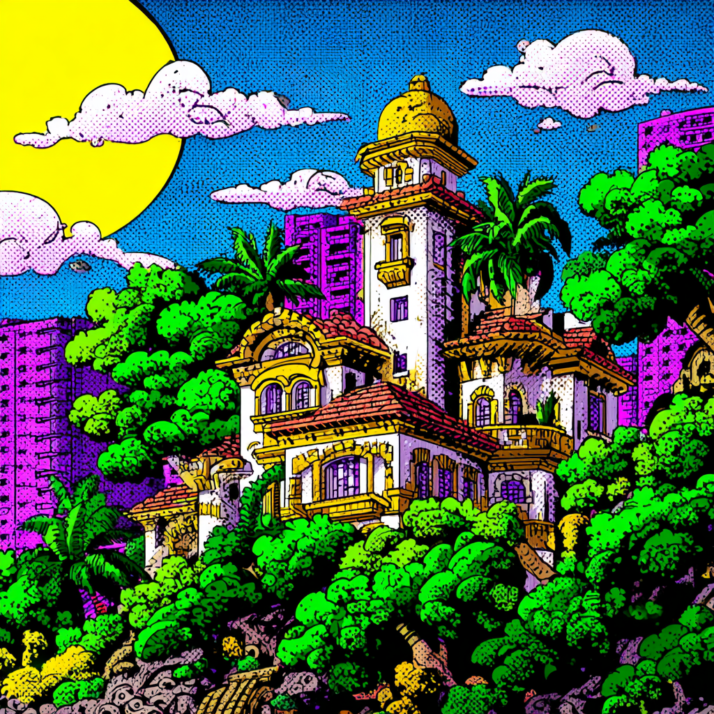 PopArt Farbenfrohes Stilisiertes Haus Mit Palmen Und Stadtlandschaft | Pop Art | Stilrichtungen