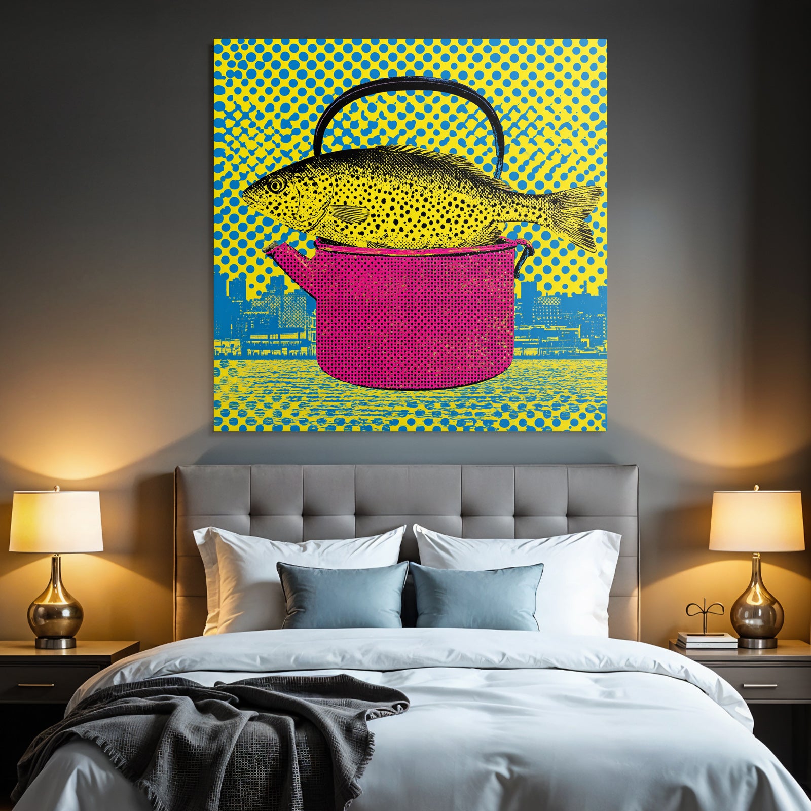 PopArt Fisch In Buntem Topf Mit Gepunktetem Hintergrund