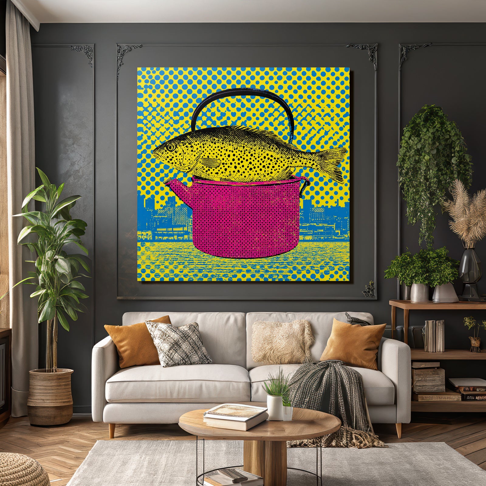 PopArt Fisch In Buntem Topf Mit Gepunktetem Hintergrund