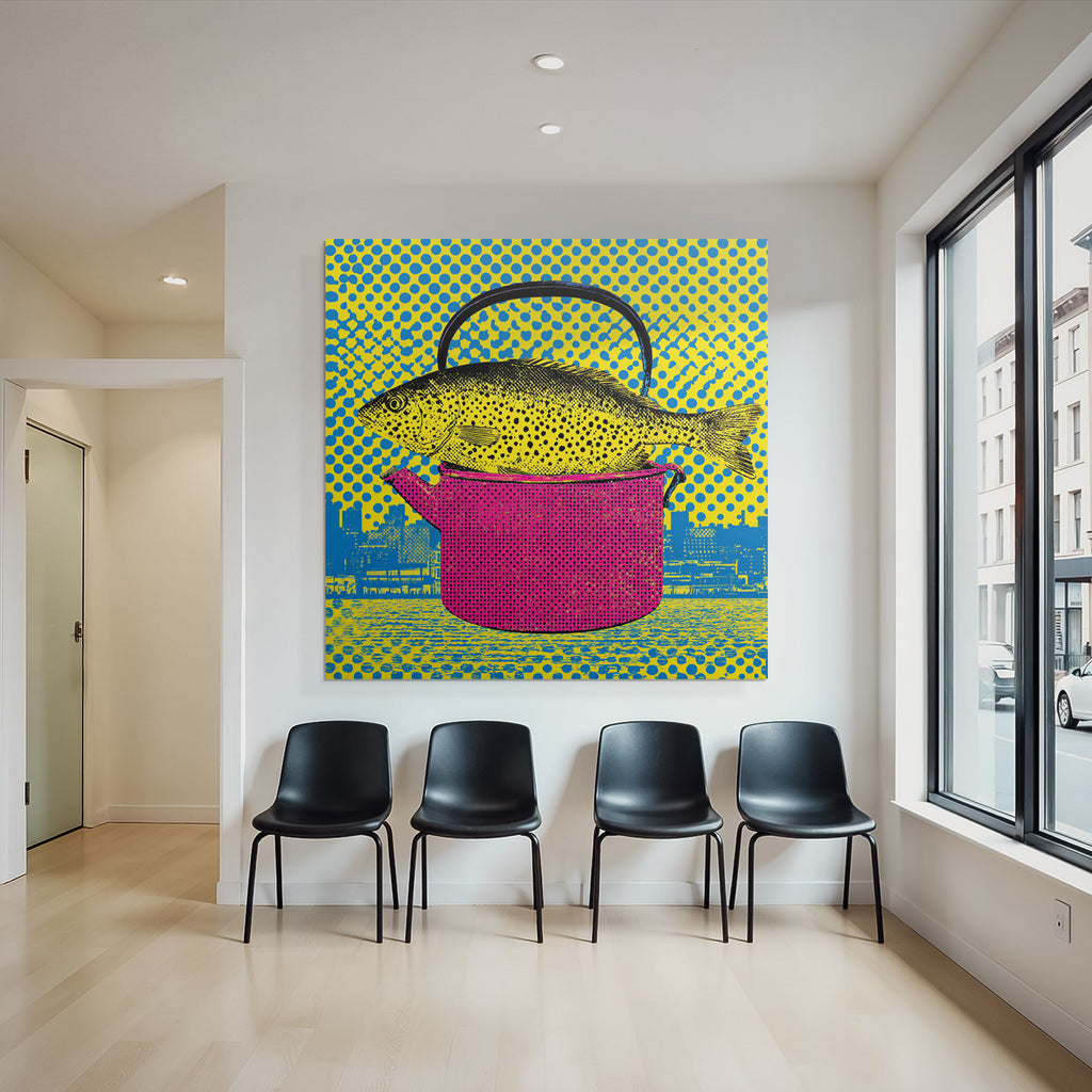 PopArt Fisch In Buntem Topf Mit Gepunktetem Hintergrund