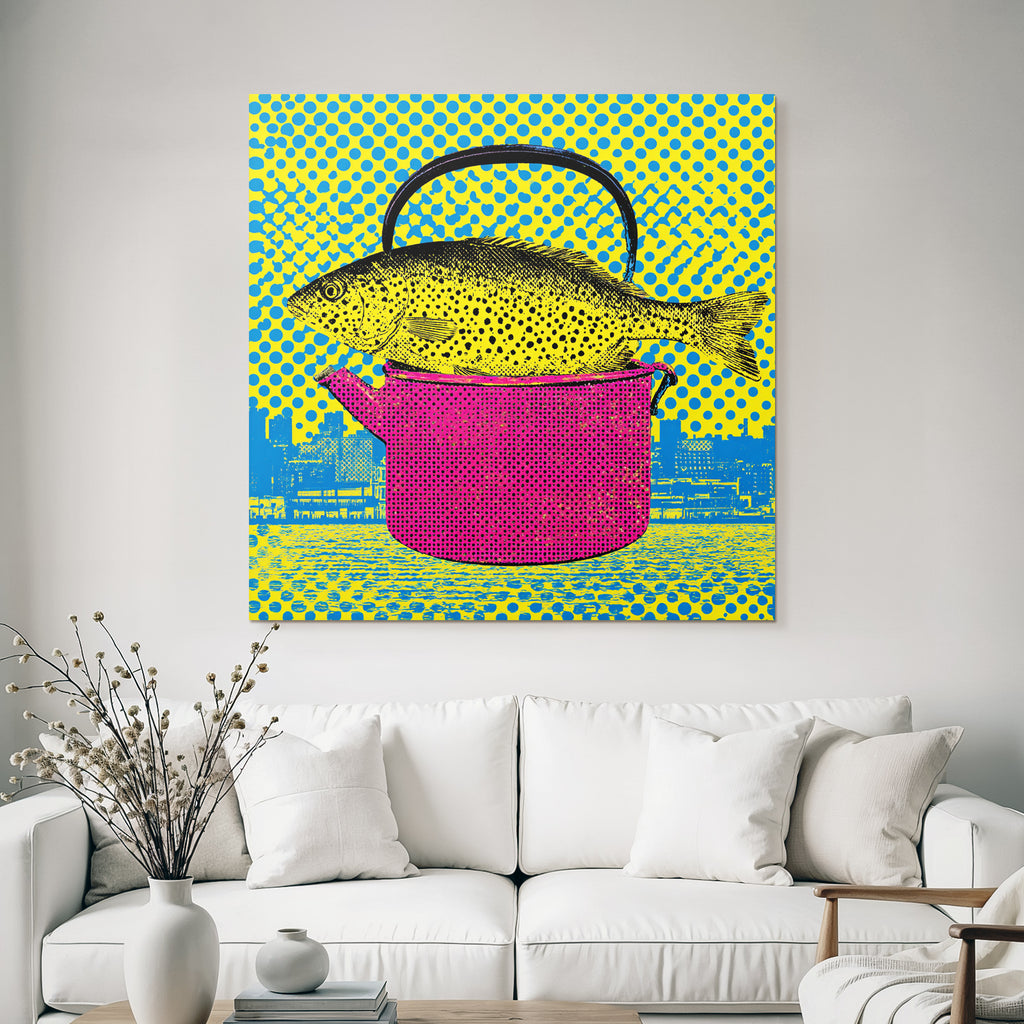 PopArt Fisch In Buntem Topf Mit Gepunktetem Hintergrund