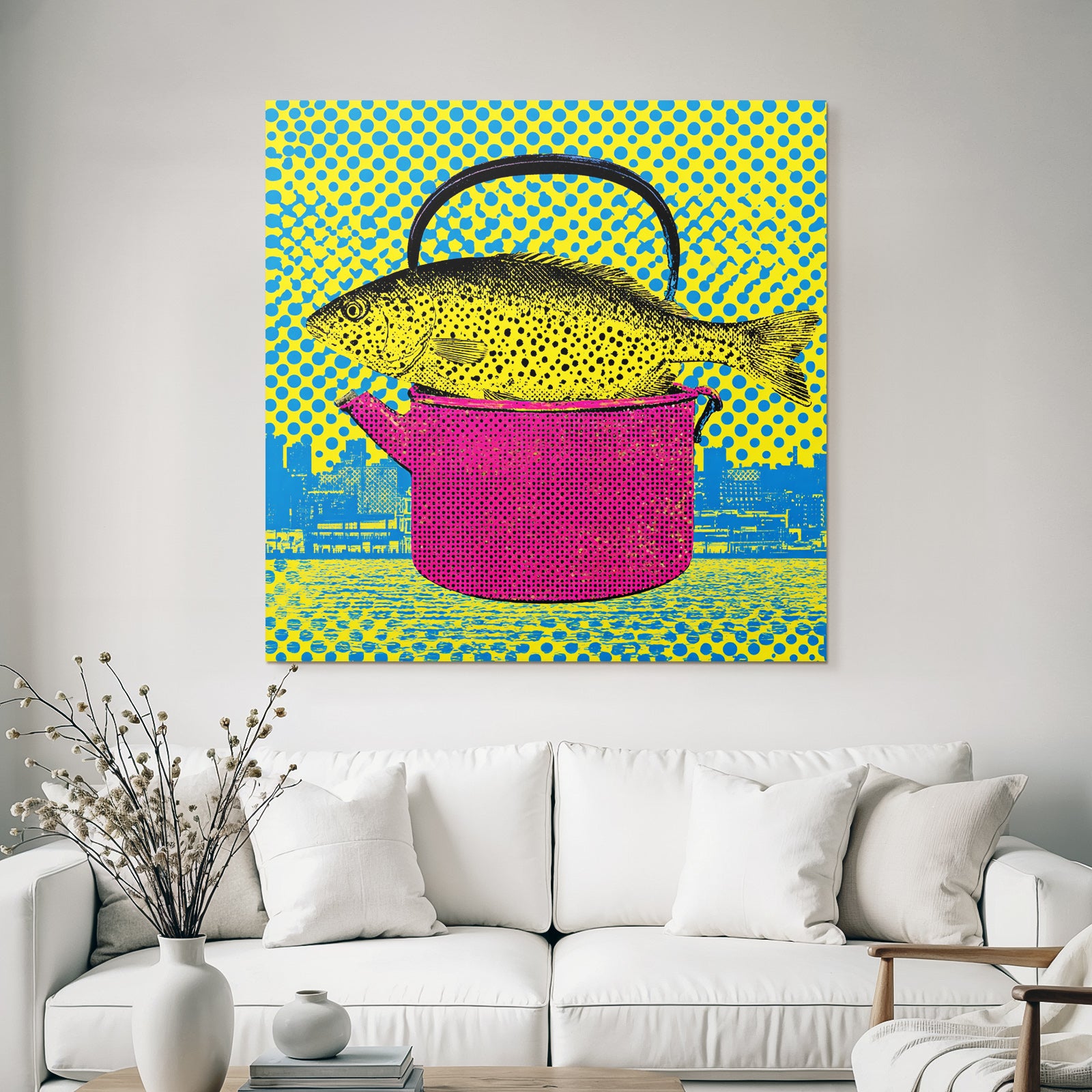 PopArt Fisch In Buntem Topf Mit Gepunktetem Hintergrund