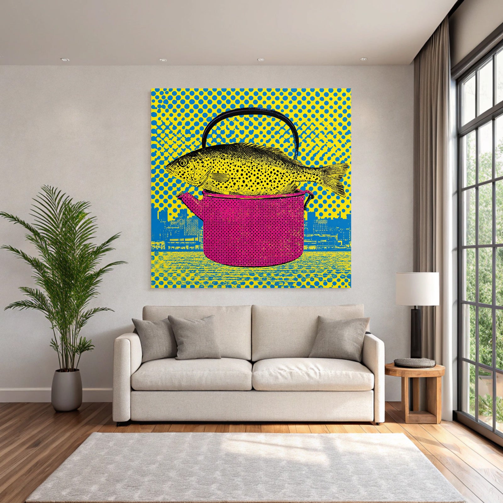 PopArt Fisch In Buntem Topf Mit Gepunktetem Hintergrund