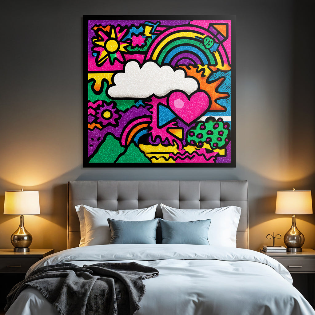 PopArt Lebendige Farbenfrohe Abstrakte Mit Blumen Regenbogen Wolke Und Herz
