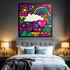 PopArt Lebendige Farbenfrohe Abstrakte Mit Blumen Regenbogen Wolke Und Herz