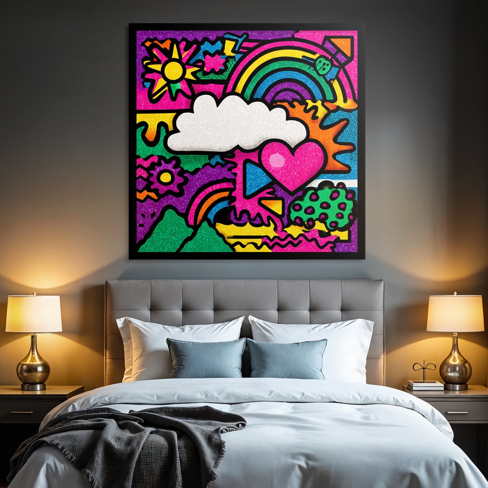 PopArt Lebendige Farbenfrohe Abstrakte Mit Blumen Regenbogen Wolke Und Herz