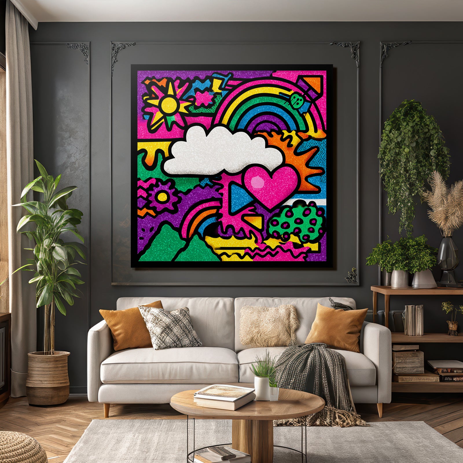 PopArt Lebendige Farbenfrohe Abstrakte Mit Blumen Regenbogen Wolke Und Herz