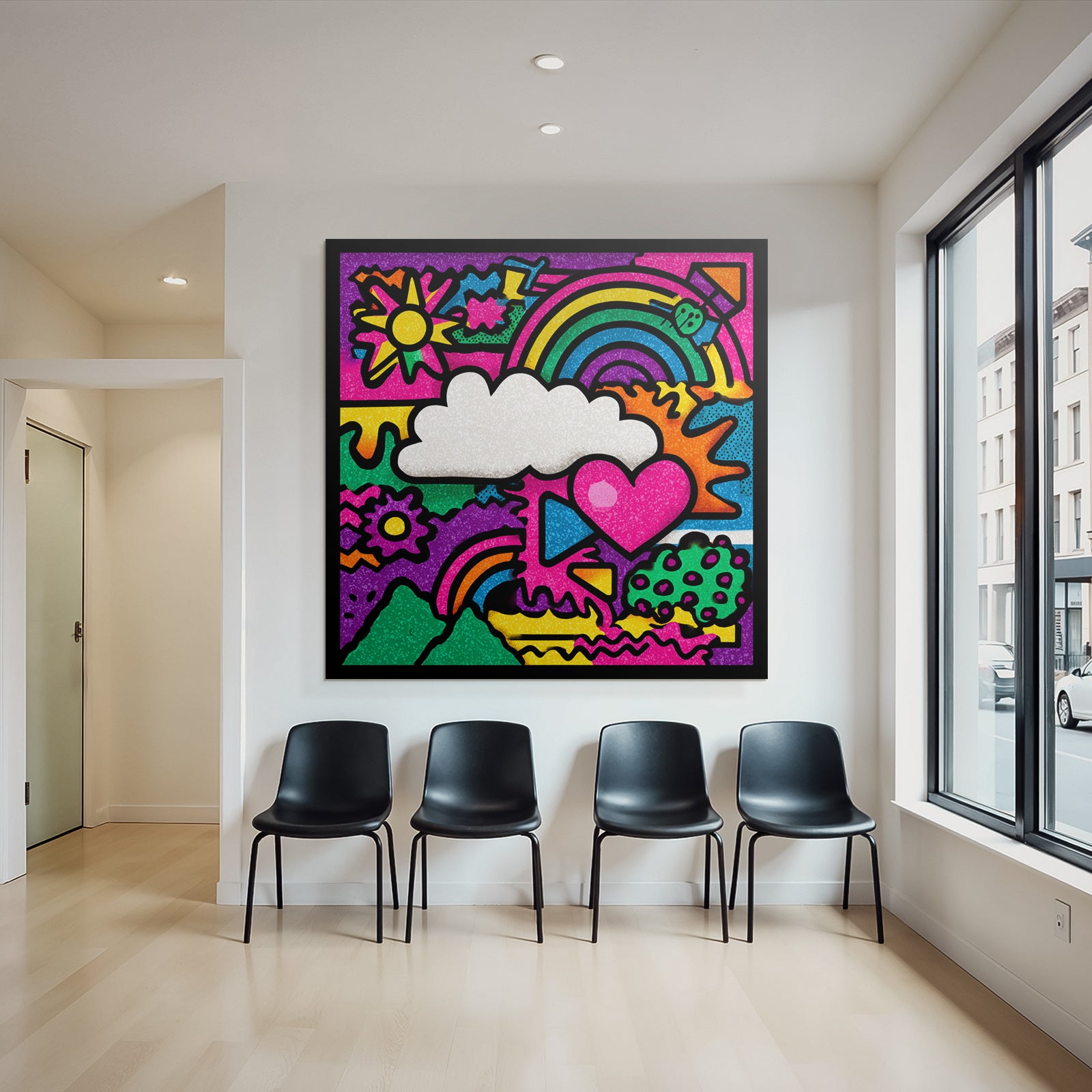 PopArt Lebendige Farbenfrohe Abstrakte Mit Blumen Regenbogen Wolke Und Herz