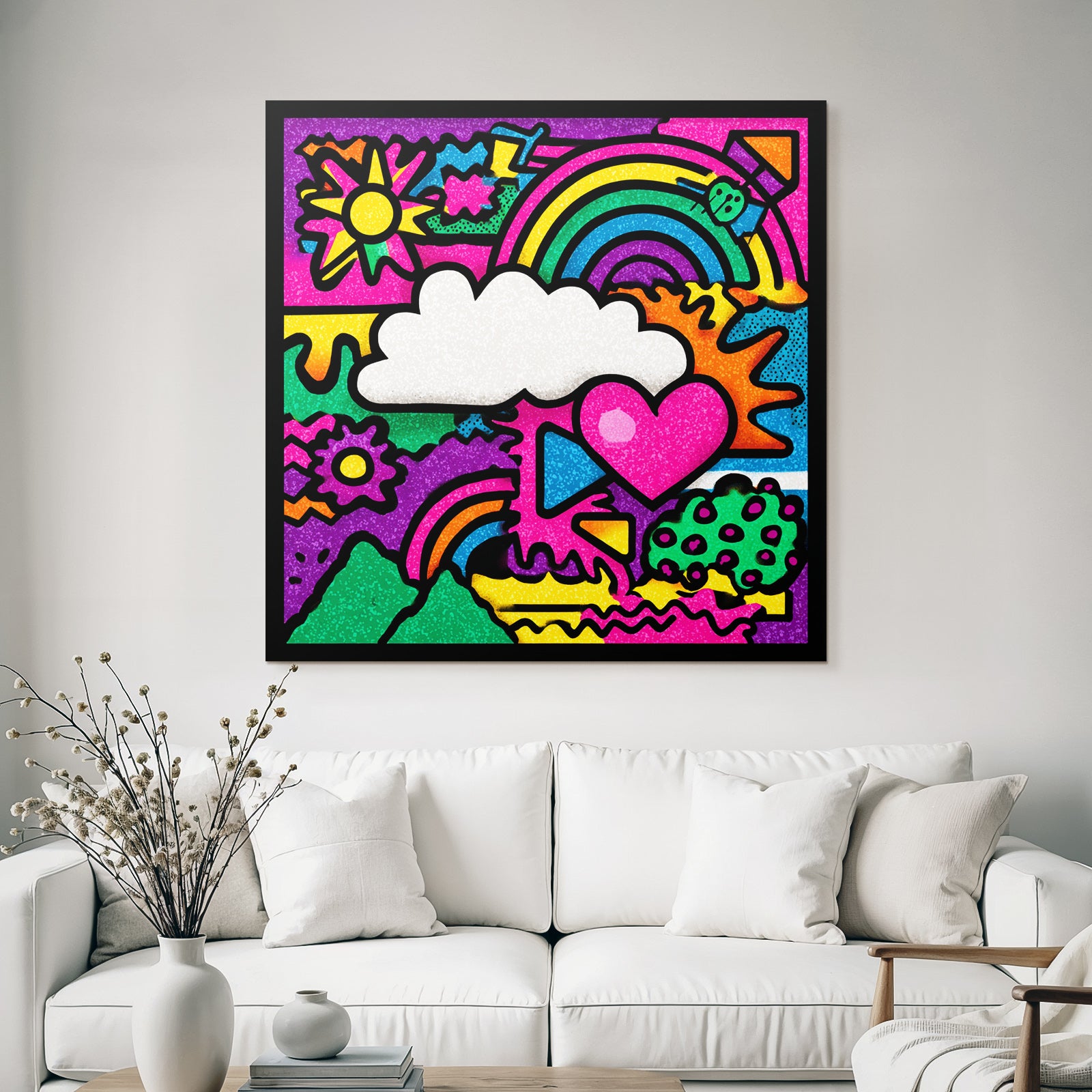 PopArt Lebendige Farbenfrohe Abstrakte Mit Blumen Regenbogen Wolke Und Herz