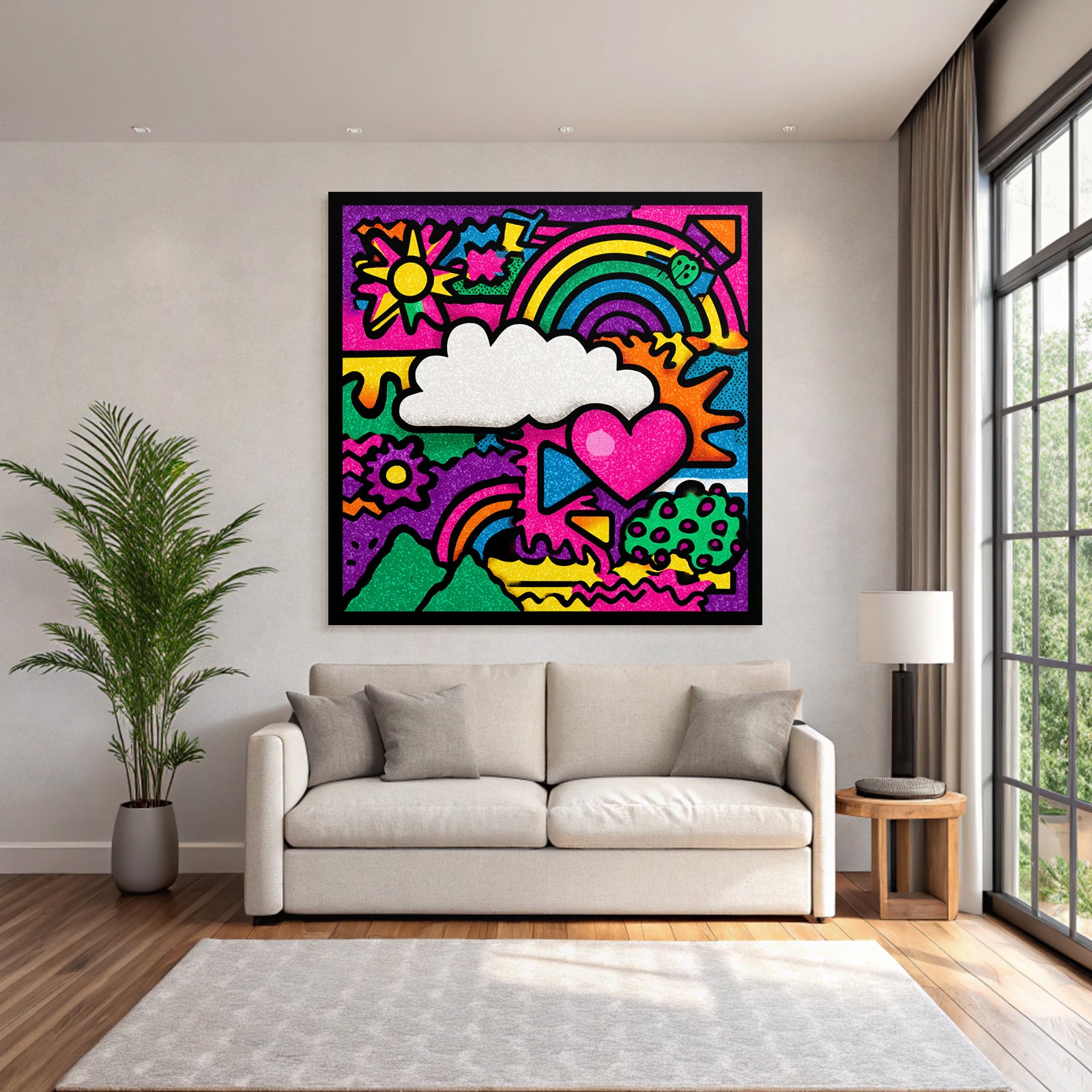 PopArt Lebendige Farbenfrohe Abstrakte Mit Blumen Regenbogen Wolke Und Herz