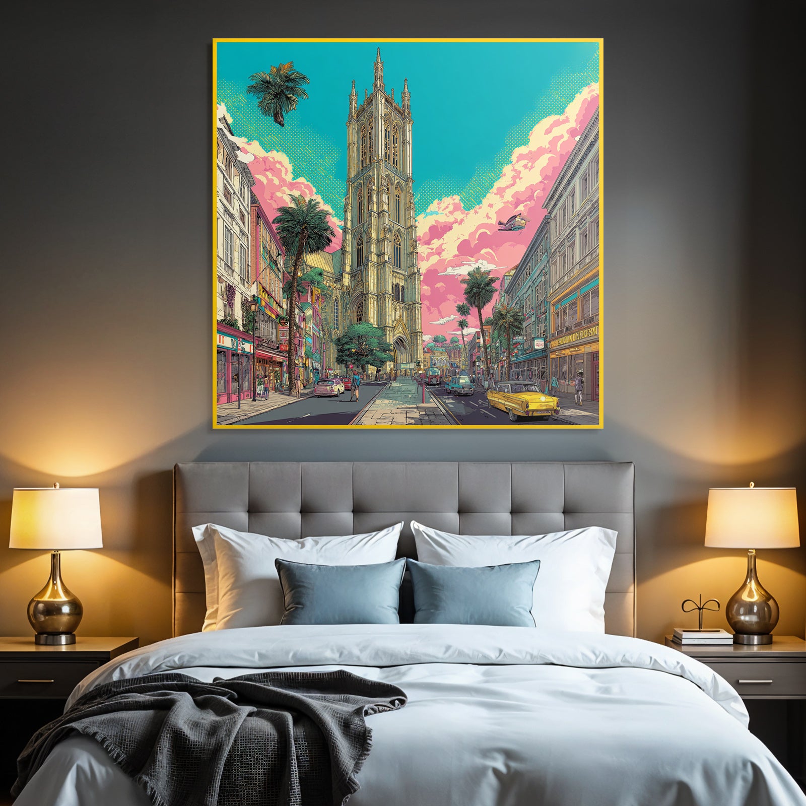 PopArt Lebendige Stadtlandschaft Mit Kathedrale Palmen Vintage Autos