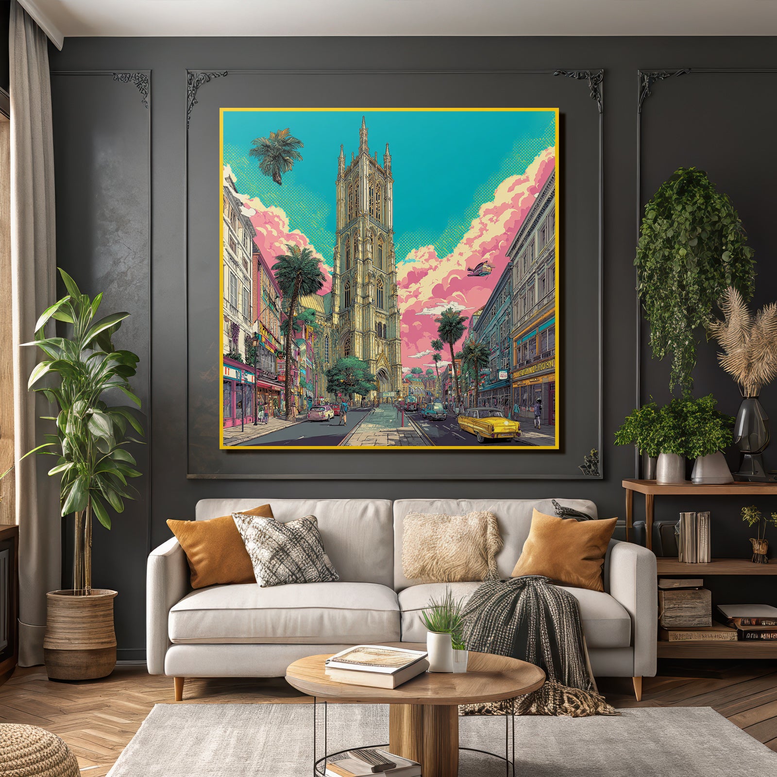PopArt Lebendige Stadtlandschaft Mit Kathedrale Palmen Vintage Autos