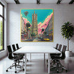 PopArt Lebendige Stadtlandschaft Mit Kathedrale Palmen Vintage Autos