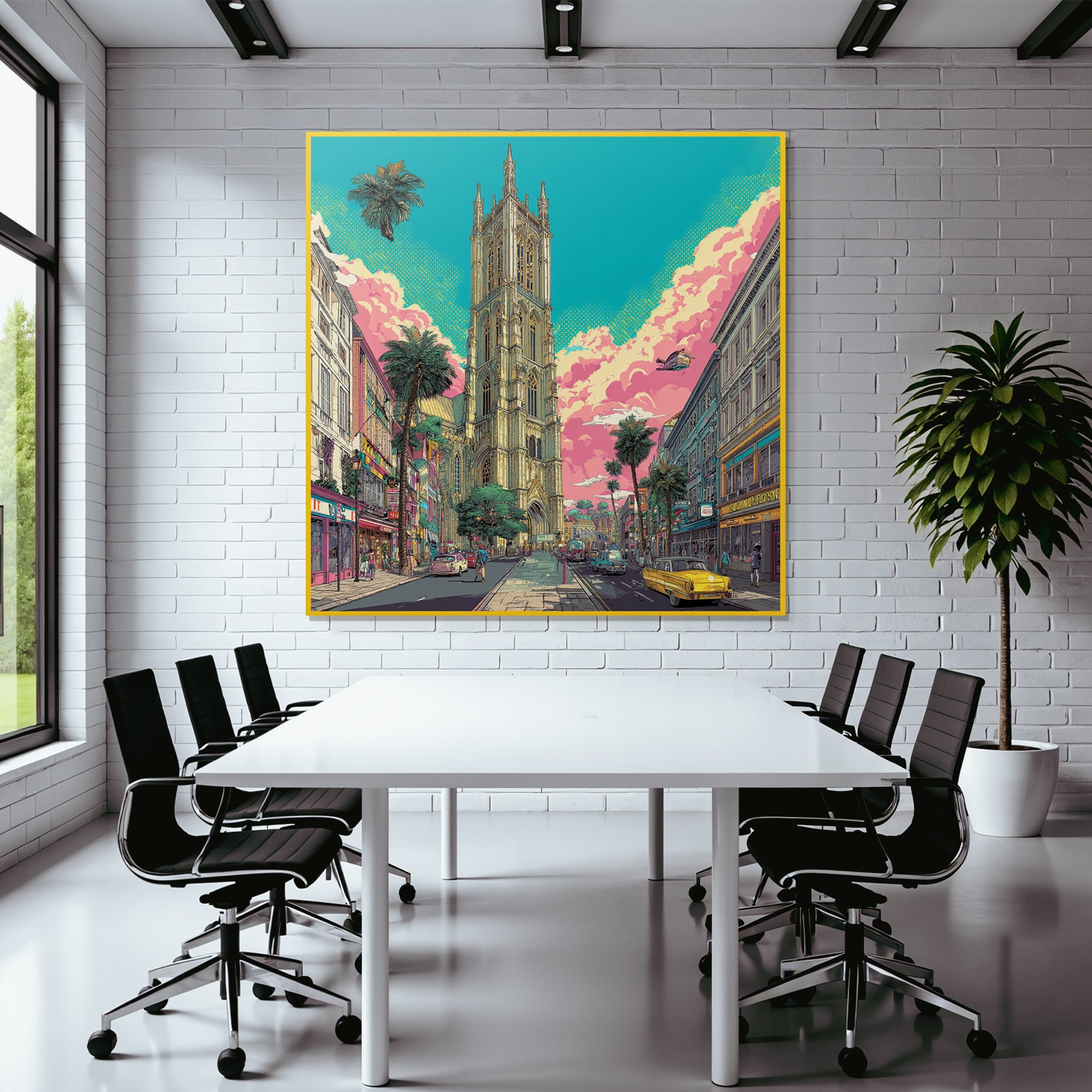 PopArt Lebendige Stadtlandschaft Mit Kathedrale Palmen Vintage Autos