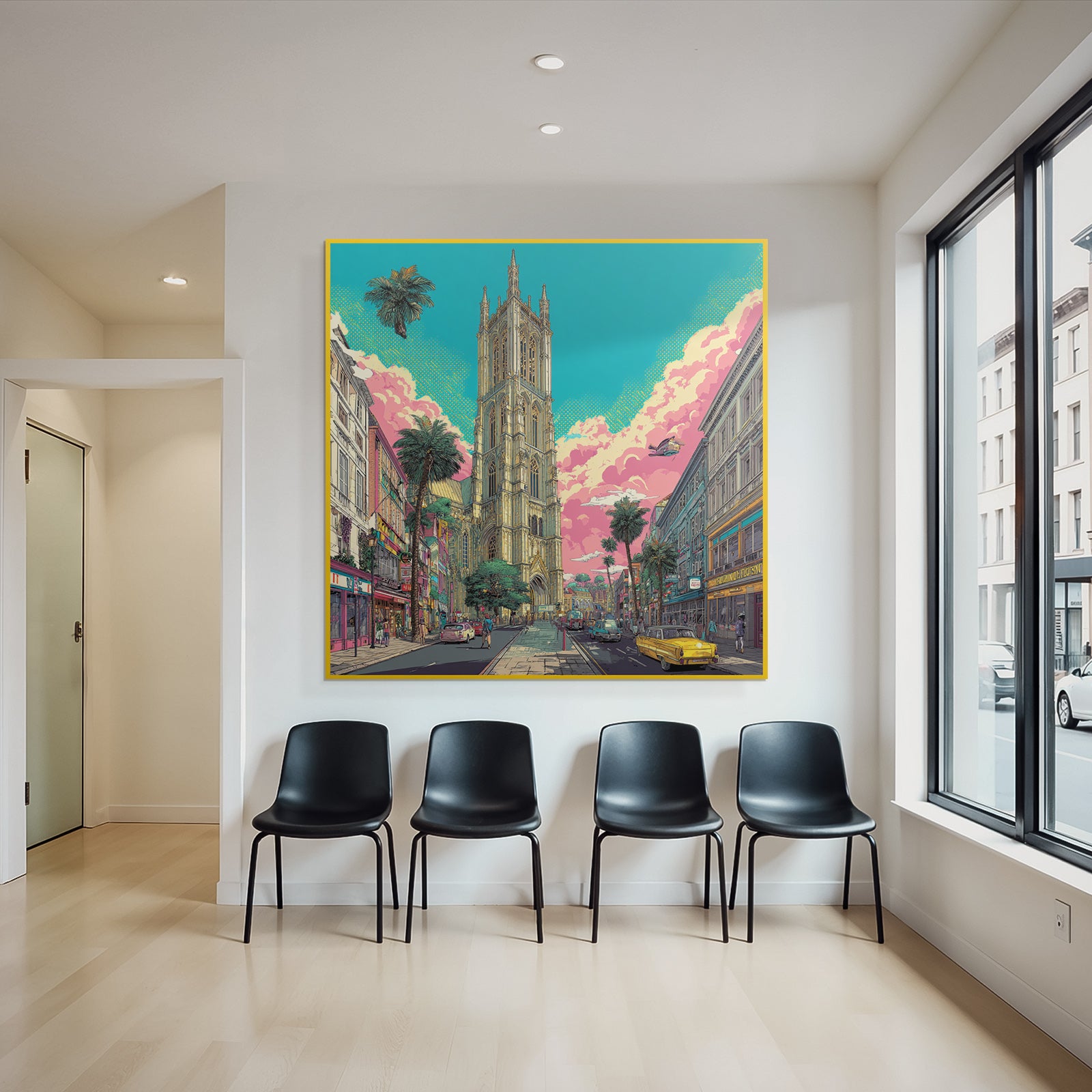 PopArt Lebendige Stadtlandschaft Mit Kathedrale Palmen Vintage Autos