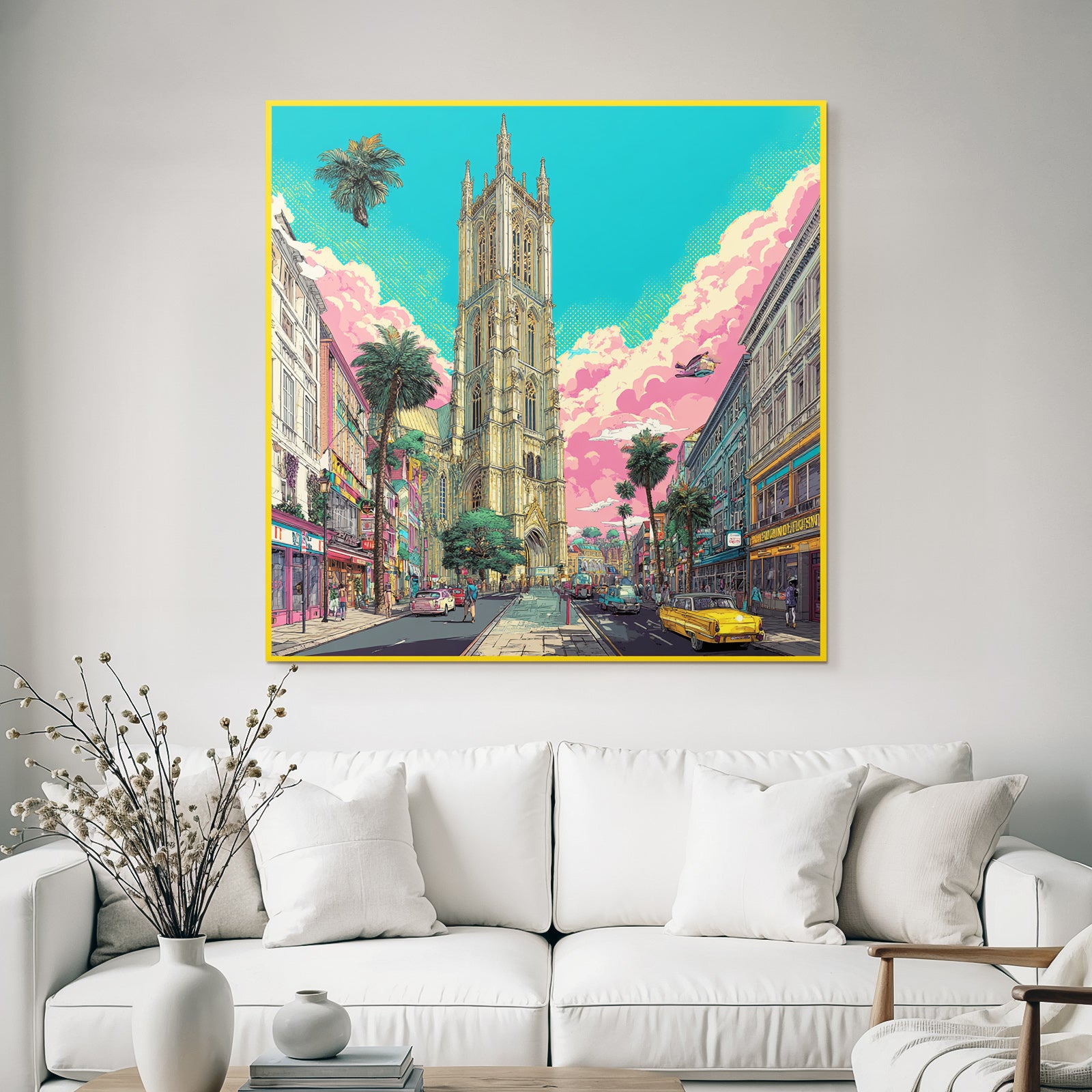 PopArt Lebendige Stadtlandschaft Mit Kathedrale Palmen Vintage Autos
