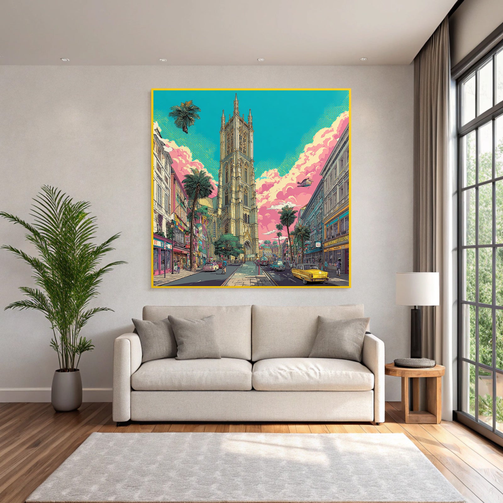 PopArt Lebendige Stadtlandschaft Mit Kathedrale Palmen Vintage Autos
