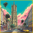 PopArt Lebendige Stadtlandschaft Mit Kathedrale Palmen Vintage Autos | Pop Art | Stilrichtungen