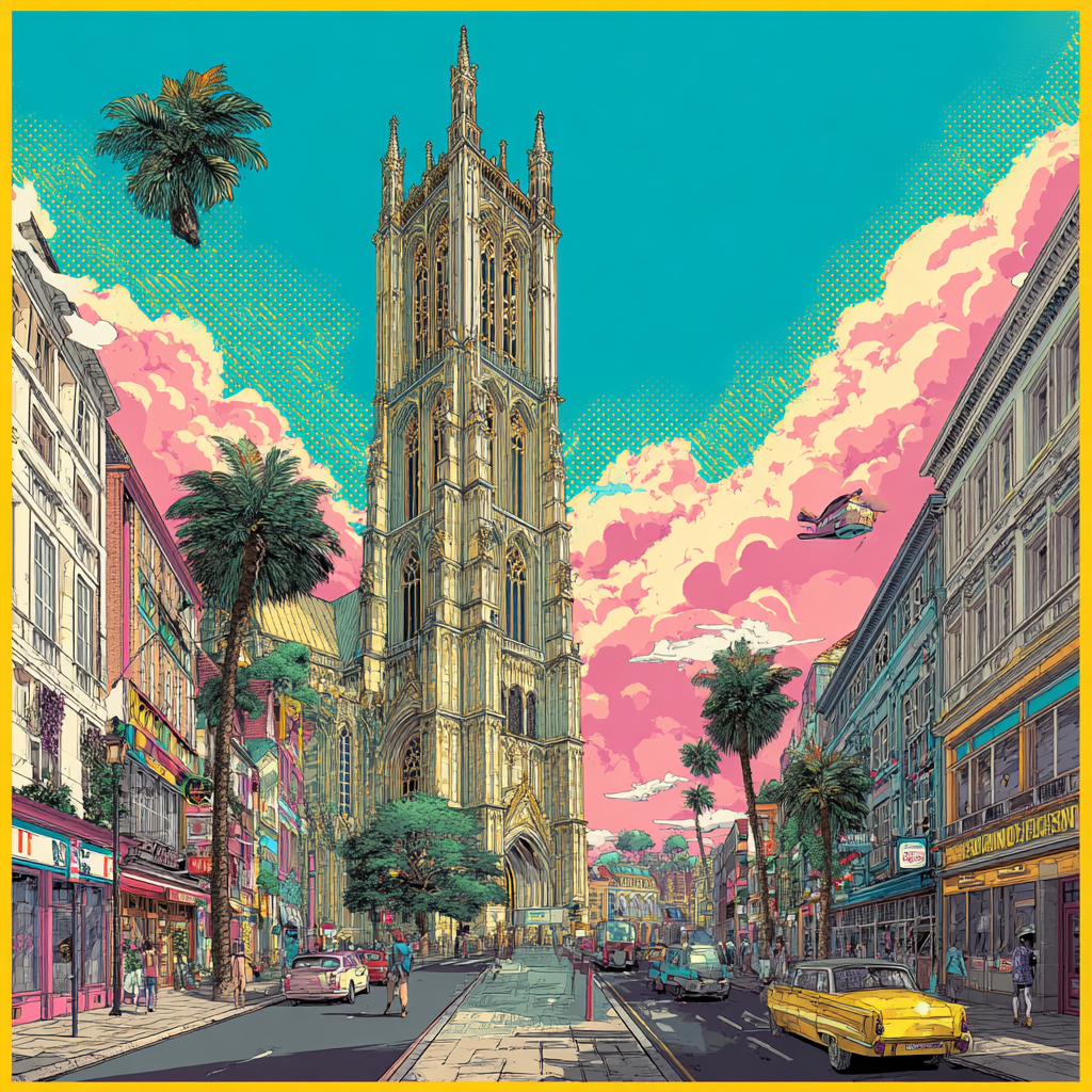 PopArt Lebendige Stadtlandschaft Mit Kathedrale Palmen Vintage Autos | Pop Art | Stilrichtungen