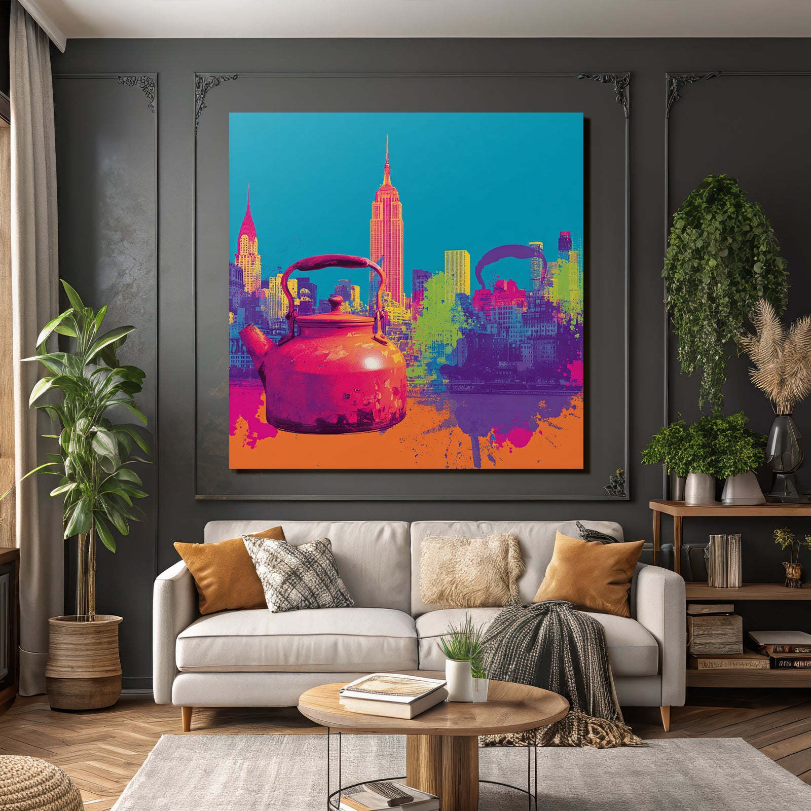 PopArt Oranger Kocher Mit New York Skyline