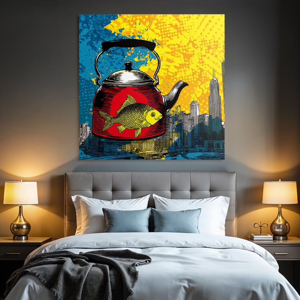 PopArt Rote Teekanne Mit Gelbem Fisch Und Abstraktem Stadthintergrund