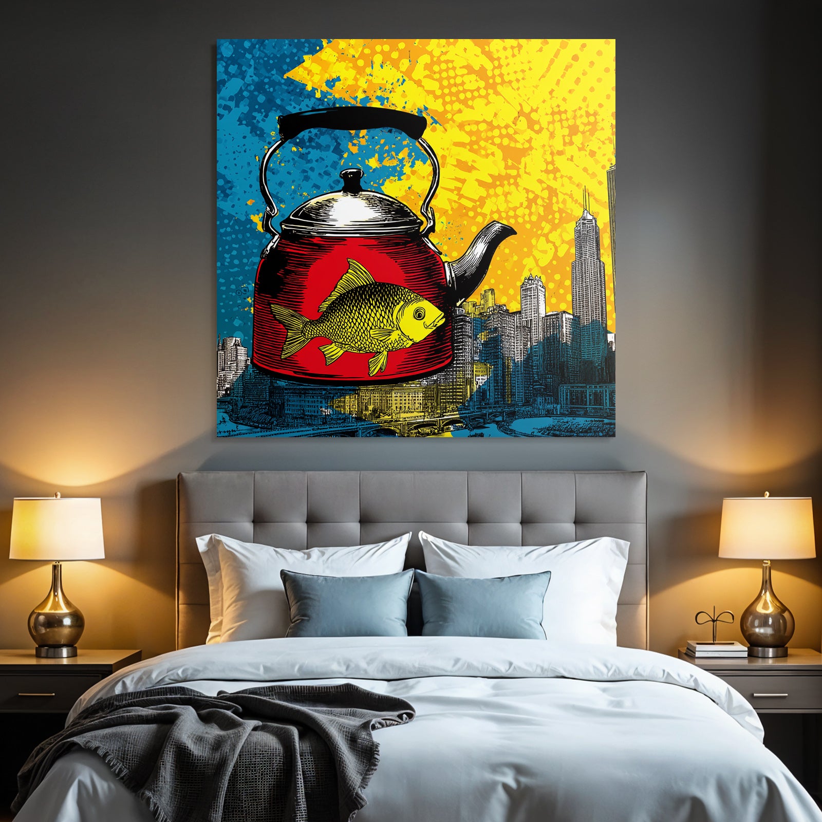 PopArt Rote Teekanne Mit Gelbem Fisch Und Abstraktem Stadthintergrund