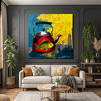 PopArt Rote Teekanne Mit Gelbem Fisch Und Abstraktem Stadthintergrund