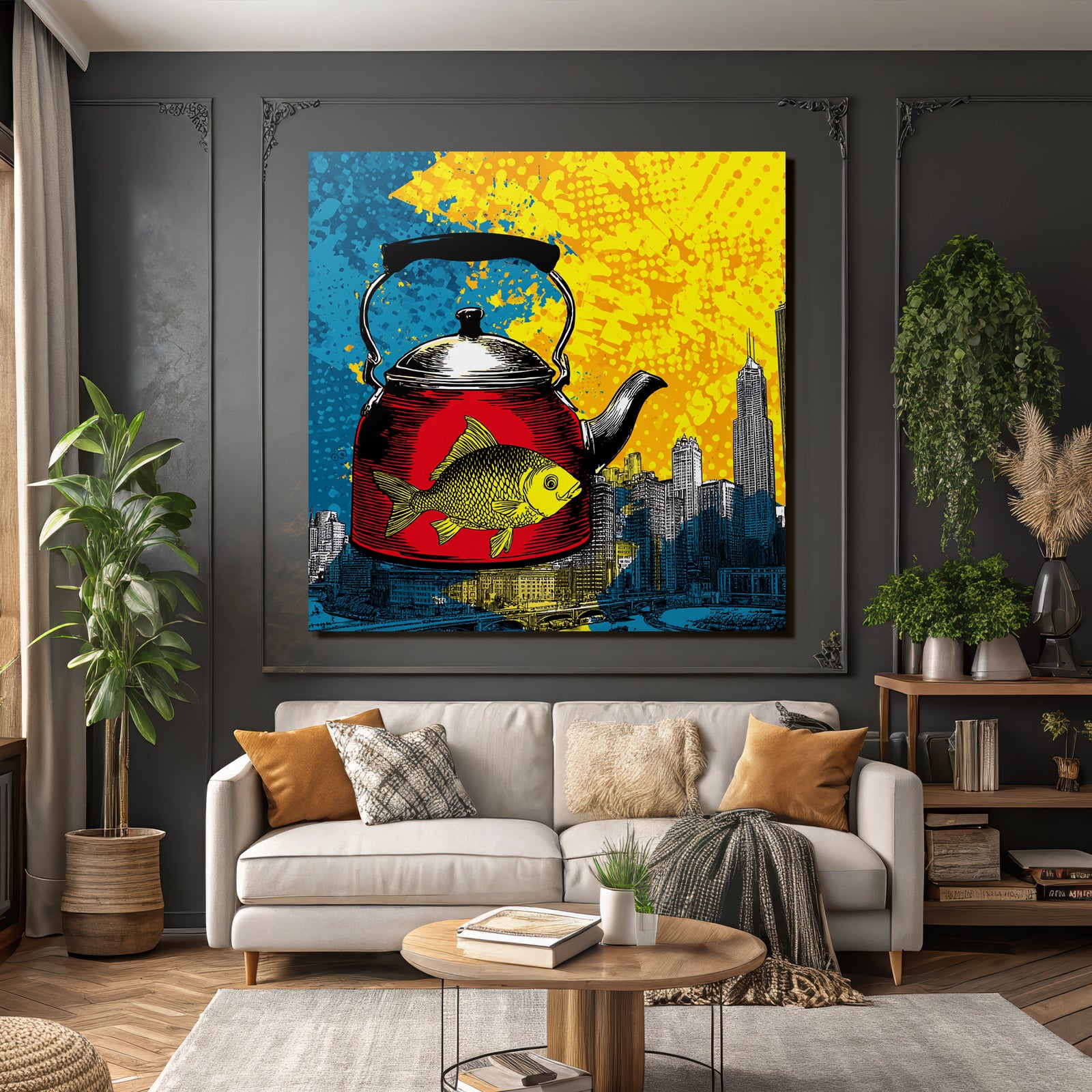 PopArt Rote Teekanne Mit Gelbem Fisch Und Abstraktem Stadthintergrund