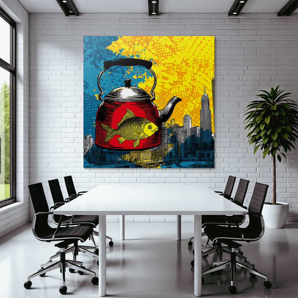 PopArt Rote Teekanne Mit Gelbem Fisch Und Abstraktem Stadthintergrund