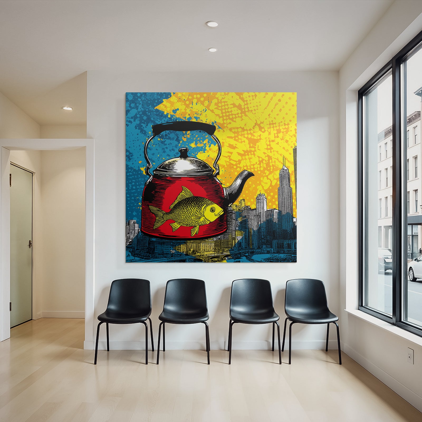 PopArt Rote Teekanne Mit Gelbem Fisch Und Abstraktem Stadthintergrund