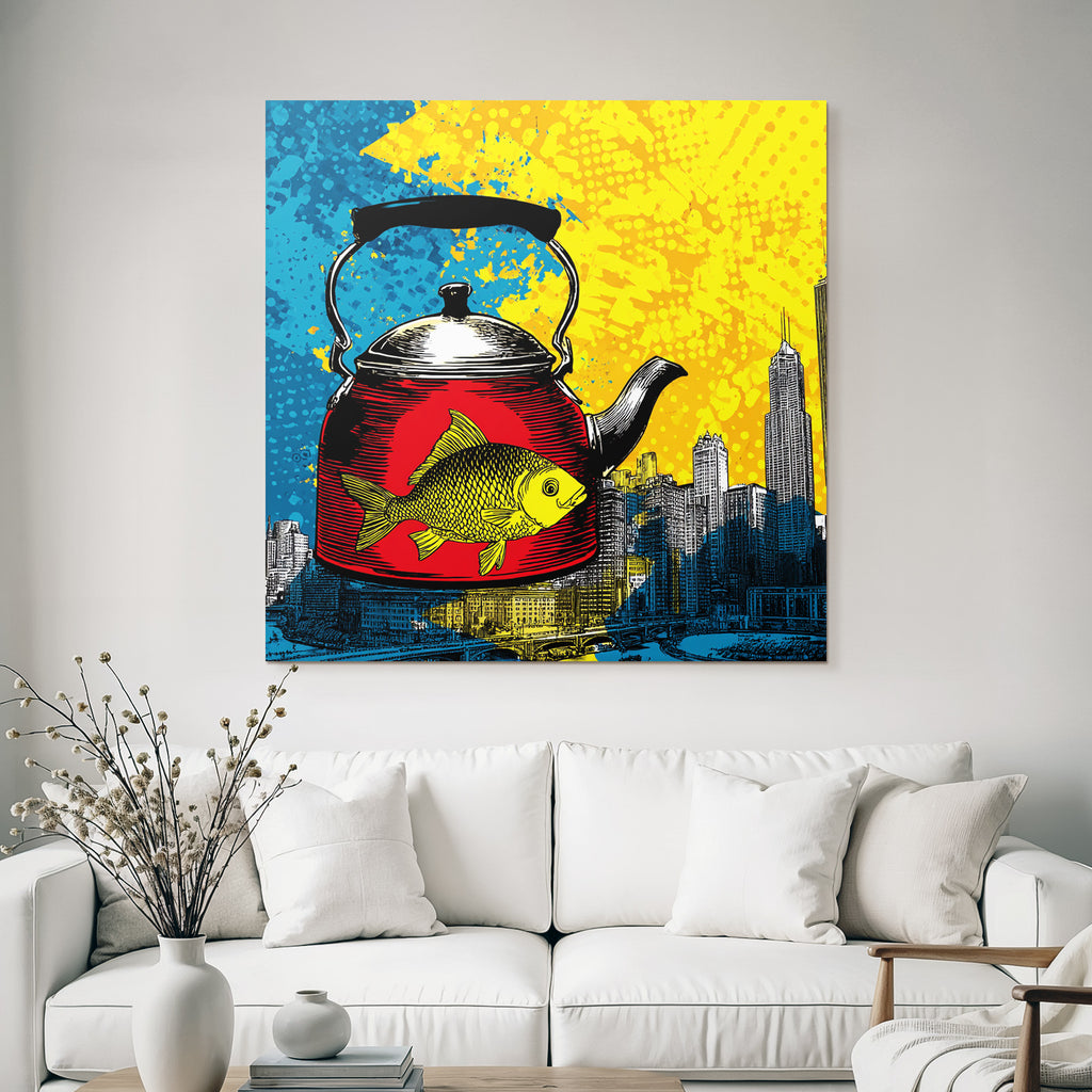 PopArt Rote Teekanne Mit Gelbem Fisch Und Abstraktem Stadthintergrund