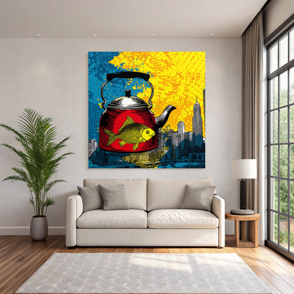 PopArt Rote Teekanne Mit Gelbem Fisch Und Abstraktem Stadthintergrund