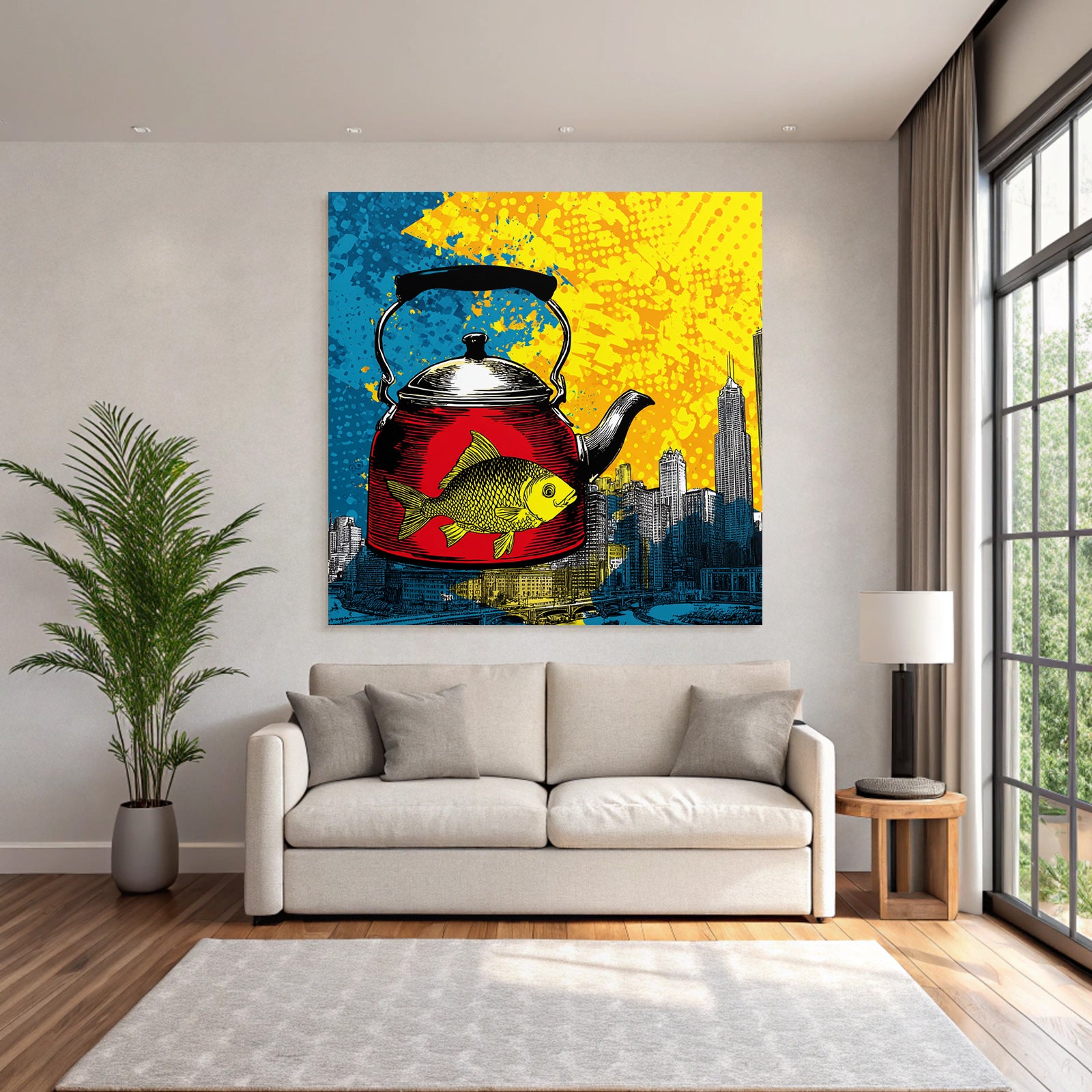 PopArt Rote Teekanne Mit Gelbem Fisch Und Abstraktem Stadthintergrund