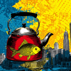 PopArt Rote Teekanne Mit Gelbem Fisch Und Abstraktem Stadthintergrund | Pop Art | Stilrichtungen
